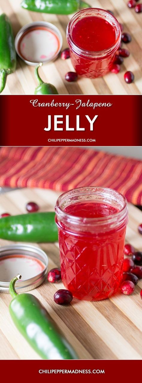 Cranberry-Jalapeno Jelly. This Cranberry Jelly recipe will spice up your holiday meals with the addition of Jalapeno peppers. Cranberry Jalapeno Jelly Recipe, Cranberry Jalapeno Jelly, Jalapeno Jelly Recipe, Homestead Canning, Jalapeno Jelly Recipes, Cranberry Jalapeño, Pepper Jelly Recipes, Chili Pepper Recipes, Jalapeno Jelly