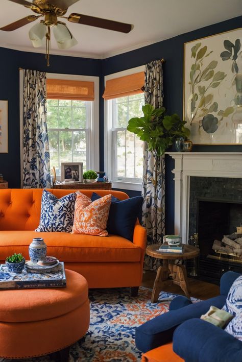 Welcome to a captivating journey through a Navy and Orange Living Room, where bold colors collide to create a stunning space. Discover how to masterfully balance these hues for a truly mesmerizing interior design!
#ad  


#home
#wallpaint2024
 #color2024
 #DIYpainting
 ##DIYhomedecor
 #Fixhome Navy And Orange Living Room, Sofa With Colorful Pillows, Blue And Orange Living Room, Deep Sectional Sofa, Vintage Eclectic Home, Orange Living Room, White Sectional Sofa, Eclectic Maximalism, Vibrant Living Room