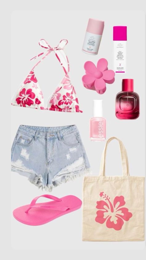 Pink beach fit Summer Theme Outfit Ideas, Pink Summer Aesthetic Outfit, Coconutgirl Outfits, Beachcore Outfit, Cute Beachy Outfits, Coconut Girl Outfits, Coconut Girl Aesthetic Outfits, Beach Fit, Beachy Outfits