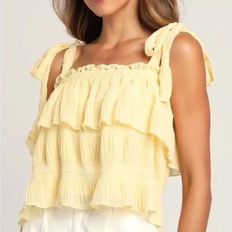 Raise A Glass To Something Refreshing In This Summer Tiered Ruffle Shirt! It Is Airy And Has A Cute Ruffle Hem. Perfect For Summer Date Days Or Parties! Shell: 100% Polyester, Lining: 100% Polyester Lined Nwt Dainty Tops, Yellow Summer Top, Summer Wishlist, Preppy Tops, Senior Style, Cute Summer Tops, Yellow Tank, Summer Yellow, Rosemary Beach