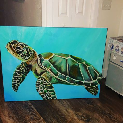 Sea Turtle Art Painting Acrylic, Sea Turtle Painting Ideas, Simple Turtle Painting, Paintings Of Sea Turtles, Sea Turtle Painting Easy, Sea Turtle Painting Acrylic Easy, Sea Turtle Painting Acrylic, Ocean Themed Paintings, Turtle Painting Easy