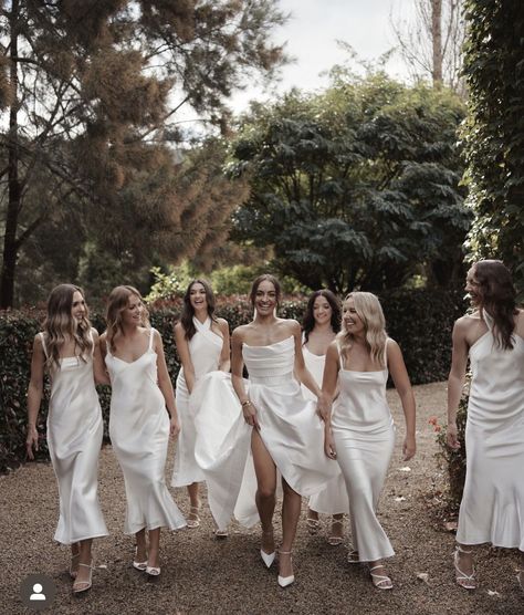 Cream Bridesmaid Dresses Mismatched, Vogue Bridesmaids, All White Wedding Party, All White Bridesmaids, Black Tie Wedding Bridesmaids, Wedding Manifestation, Tobago Wedding, White Bridesmaids Dresses, White Bridal Party