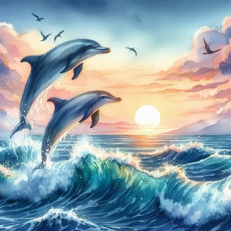 Sunset Beach Drawing, Dolphin Painting Easy, Dolphins Painting, Watercolor Scenery Painting, Dolphin Sunset, Birch Trees Painting, Dolphin Images, 3d Wallpaper Cute, Dolphin Painting