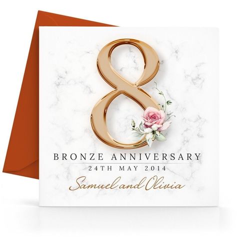 Personalised 8th Bronze Wedding Anniversary Card - Printed Bronze Design Eighth Personalised 8th Bronze Wedding Anniversary Card - Printed Bronze Design Eighth Size: 15 x 15cm Square Card Envelope Colour:Red Inside: Happy Bronze Wedding Anniversary Brand: Bloomany® Card: High Quality Print and Card How to personalise: Please leave you message in the personalise box on the listing CLICK BELOW TO VIEW MORE FAB CARDS FAST DISPATCH Same day dispatch before 3pm Mon - Fri Free 2nd Class , Upgrade to 1 Happy 8th Anniversary, Bronze Wedding Anniversary, 8th Wedding Anniversary, Bronze Anniversary, Bronze Wedding, Wedding Anniversary Card, 8th Anniversary, Wedding Anniversary Cards, Flower Diy Crafts