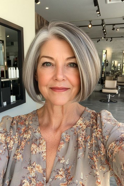 26 Gorgeous Salt and Pepper Bob Ideas - Flo's Blog Brown Salt And Pepper Hair, Silver Bob Hair, Salt And Pepper Bob Hairstyles, Salt And Pepper Blonde Hair, Short Curly Salt And Pepper Hair, Salt And Pepper Hair Color Ideas, Salt And Pepper Bob Haircut, Salt And Pepper Short Hair, Short Gray Bob