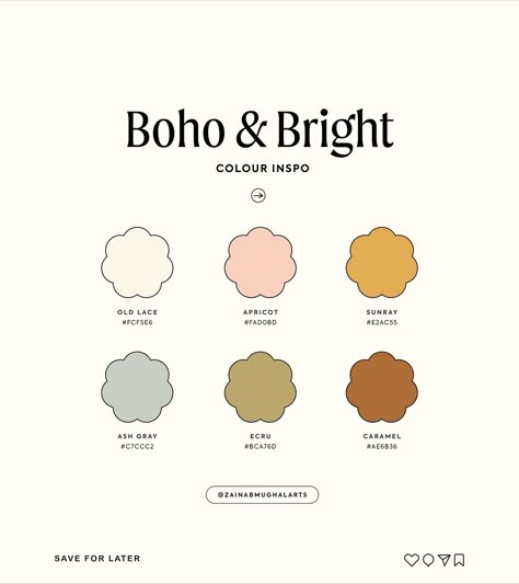 Some bright and boho colour palette ideas to inspire your next project! 🧡🥰 🎨 I see colours not only as a visual experience but also as an emotional narrative tool. This colour palette is designed to strengthen your brand's narrative and add new dimensions to your creativity. 🙌🏻 Be sure to screenshot & save this post to use for your next project! 👀🫶🏻 - - - - - #branding #graphicdesigner #colourinspo #bohocolors #branddesigner #colourpalette #colours #colorpalette #colourdesign #colourscheme... West Anderson Color Palette, Boho Colour Palette, Boho Color Palette, Bright Colour Palette, Create Color Palette, Color Rush, Website Color Palette, Branding Design Packaging, Branding Photoshoot Inspiration