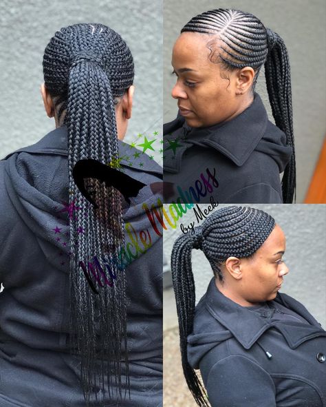 Feed In Low Ponytail, Low Ponytail Cornrow Braids, Braided Low Ponytail Hairstyles, Low Cornrow Ponytail, Cornrow Ponytail With Bangs, Feed In Braids Ponytail With Bangs, Conroe Braids Ponytail, Feeding Cornrows Ponytail, Pony Yaya Hair Braids