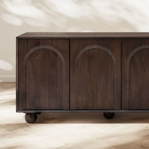 Buffet Cabinet Decor, Cabinet Detail, Curved Cabinet, Curved Cabinets, Storage Bench With Cushion, Cabinet Console, Side Boards, Hudson Homes, Cabinet Detailing