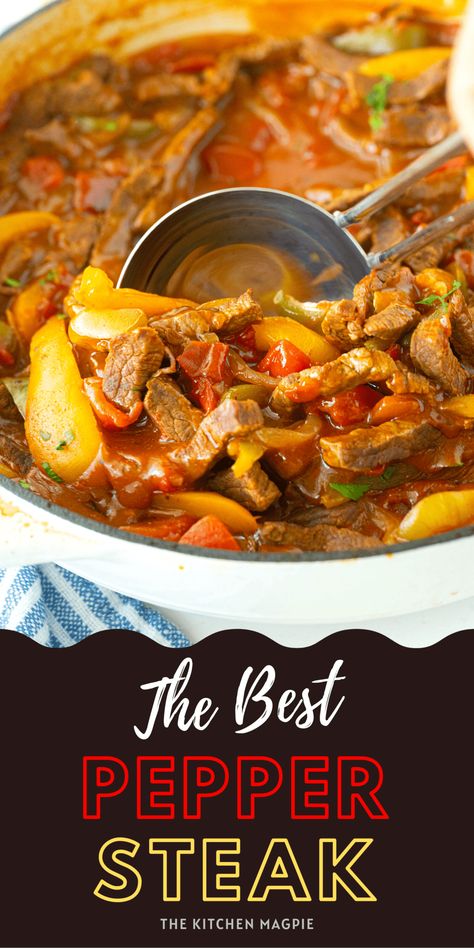 Pepper Steak - The Kitchen Magpie Skillet Pepper Steak, The Best Pepper Steak Recipe, Steak And Peppers With Rice, Chicken Pepper Steak, Pepper Steak Soup, Pepper Steak Recipe Easy Gravy, Pepper Steak And Rice With Gravy, Pepper Steak Recipe With Tomatoes, Crockpot Pepper Steak Recipes