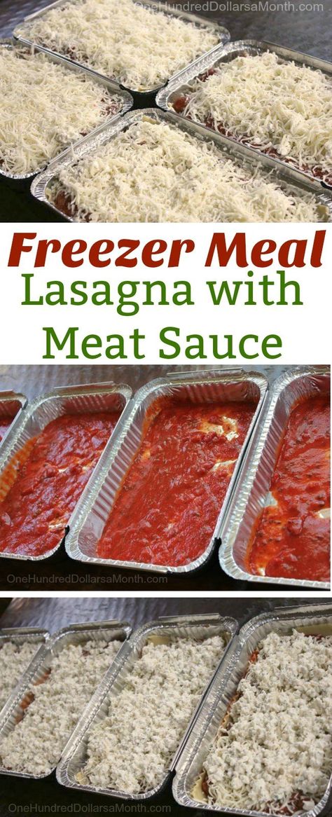 Freezer Meal Recipe - Lasagna with Meat Sauce - One Hundred Dollars a Month Freezer Meal Lasagna, Freezer Lasagna, Lasagna With Meat Sauce, Recipe Lasagna, Frozen Lasagna, Dinner Planning, Freezer Dinners, Freezable Meals, Freezer Meal Planning