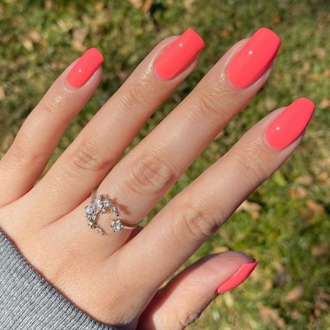 Bright Coral Nails, Coral Gel Nails, Neon Coral Nails, Dnd Nail Polish, Dnd Gel Polish, Coral Nails, Vibrant Nails, Bright Nails, Thrill Ride