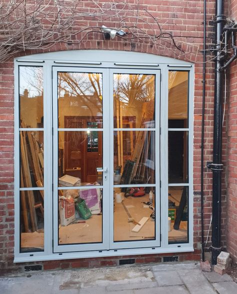 Aluminium French Doors with side lights and horizontal bars. Custom RAL7038 - Agate Grey Agate Grey Windows, French Doors With Side Windows, Extension Doors, Grey Window Frames, Crittall Windows, Aluminium French Doors, Crittal Windows, Grey Windows, Converted Garage