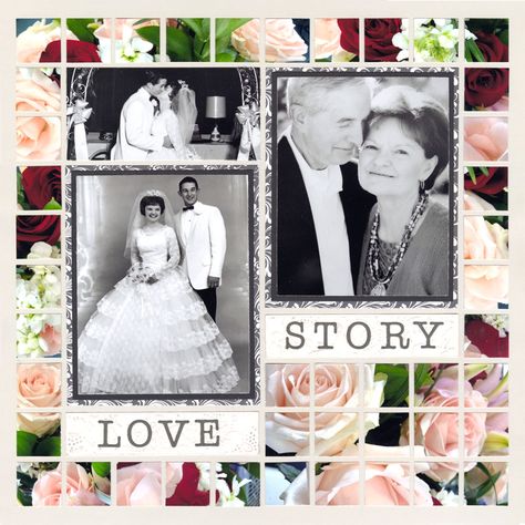 6 Anniversary Scrapbook Ideas to Love - Mosaic Moments 6 Anniversary, Old Wedding Photos, Jodi Benson, Family Scrapbook Layouts, Couple Scrapbook, Wedding Scrapbook Pages, Mosaic Moments, Wedding Scrapbooking Layouts, Scrapbook Overlay