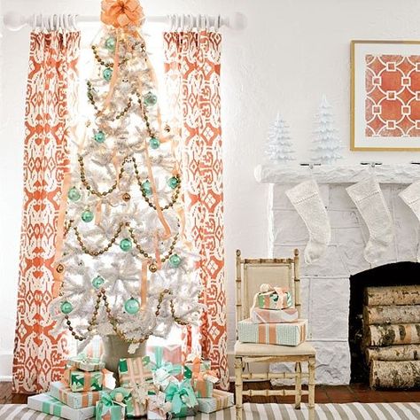 Southern peach and turquoise Christmas tree! Love! White Christmas Tree Decorations, Christmas Colour Schemes, Unique Christmas Trees, Ribbon On Christmas Tree, White Christmas Trees, Christmas Tree Stand, White Christmas Tree, Christmas Tree Themes, Modern Christmas