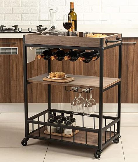 Bar Serving Cart, Wood Bar Cart, Mobile Kitchen, Food Cart Design, Serving Trolley, Portable Kitchen, Industrial Bar, Metal Furniture Design, Serving Cart