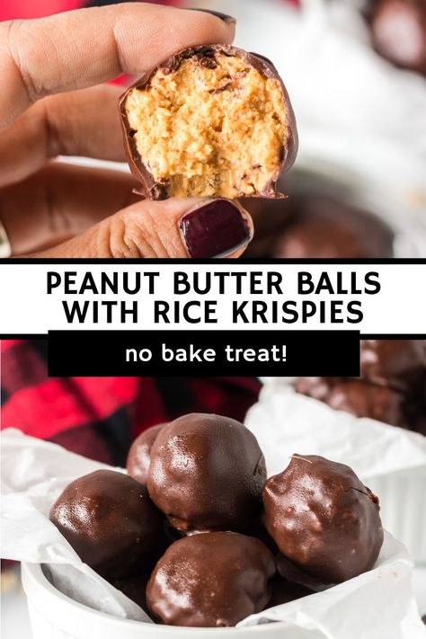 Peanut Butter Rice Krispie Balls - An indulgent chocolate shell surrounds crispy Rice Krispies mixed with creamy peanut butter, butter, and powder sugar to make these no-bake chocolate covered PB treats! | www.persnicketyplates.com Pb Rice Krispie Balls, Chocolate Peanut Butter Rice Crispie Balls, Peanut Butter And Rice Krispies No Bake, Chocolate Covered Peanut Butter Balls With Rice Krispies, Rice Krispie Chocolate Balls, Rice Krispie Peanut Butter Chocolate, Buckeye Balls With Rice Krispies, Chocolate Covered Rice Krispie Treats Christmas, Peanut Butter Balls With Rice Krispies