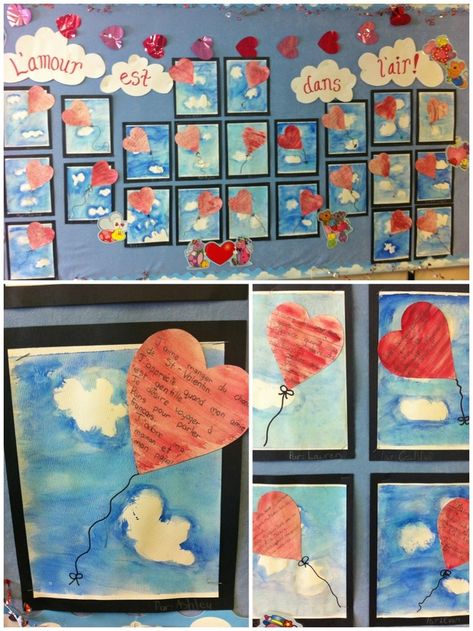 "Love Is in the Air!"  A Valentine's Day art & writing project. Heart Art Projects, Valentine Art Projects, Art Writing, Classroom Art Projects, Preschool Valentines, Valentine Projects, Valentines Art, Elementary Art Projects, Valentines Day Activities