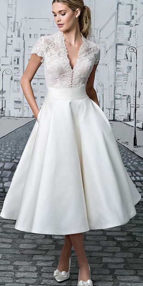 f337d999d9ad116a7b4f3d409fcc6480desc41647789ri Tea Length Wedding Dresses Lace, Simple Bridal Gown, Ivory Ball Gown, Simple Bridal Gowns, Short Wedding Dresses, Bridal Gowns Vintage, Wedding Dress Sash, Tea Length Wedding, Dresses Formal Elegant