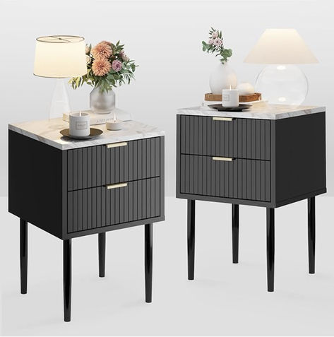 Anbuy Black Marble Nightstands Set of 2 with Gold Handle, Striped Night Stand with Drawers, End Side Table with Faux Marble Top, 2 Drawers End Table Metal Legs for Bedroom, Living Room Marble Nightstands, Nightstands Ideas Bedside Tables, Night Stand With Drawers, Marble Nightstand, Tall Bedside Table, Amazon Furniture, Tahari Home, Tall Nightstands, Nightstand Set Of 2