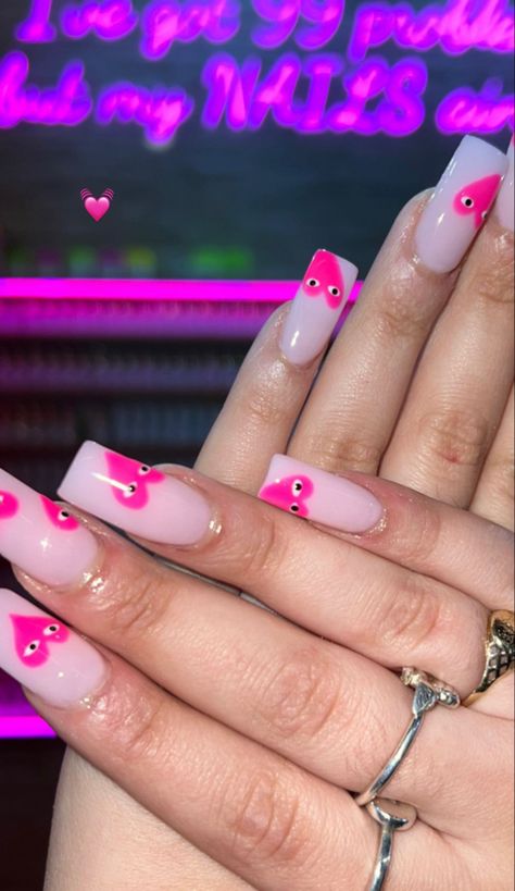 Pink Heart Nails Square, Easy Nail Designs Heart, Evil Eye Nails Design Pink, Bape Heart Nails, Pink Comme Des Garcons Nails, Pink Cdg Nails, Nails Converse Heart, Heart Face Nails, Cute Plain Nail Ideas