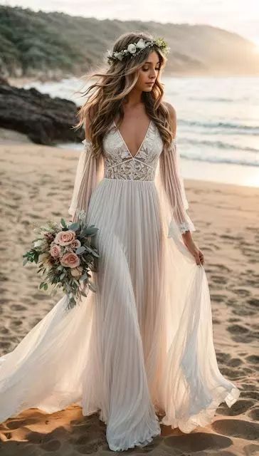 Top 30 Beach Wedding Dresses for a Perfect Seaside Ceremony Oregon Beach Wedding, Small Beach Weddings, Casual Beach Wedding, Forest Theme Wedding, Beach Wedding Gown, Ocean Wedding, Boho Beach Wedding, Beach Wedding Dress Boho, Wedding Dress Boho