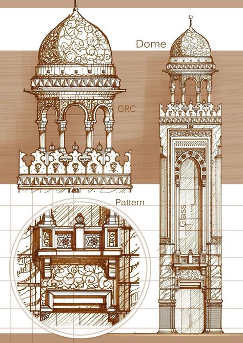 Ancient Indian Architecture Sketch, Islam Sketch Art, Rajasthan Architecture Sketches, Minaret Drawing, Islamic Buildings Architecture, Mughal Architecture Sketches, Islamic Architecture Sketches, Minaret Design, Sketchbook Architecture