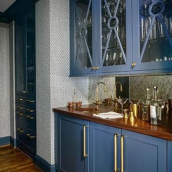 Dark Blue Butlers Pantry Cabinets with Mirror Backsplash - Transitional - Dining Room Fridge Design Ideas, Large Kitchen Window, Window Design Ideas, Fridge Design, Kitchen Window Design, Kitchen Bar Design, Beverage Fridge, Rustic Kitchen Cabinets, Mirror Backsplash