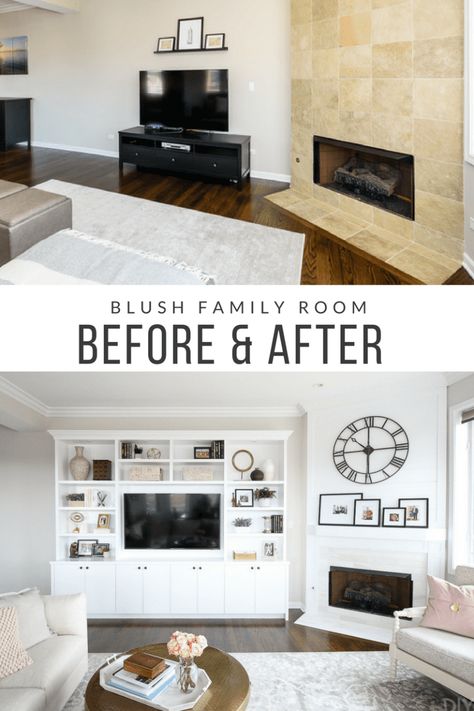 White + Blush Family Room in a City Condo | The DIY Playbook Tan Sectional, Living Room Large Wall, Corner Fireplace Living Room, Family Room Reveal, White Built Ins, Room Images, Living Room Built Ins, Family Room Makeover, City Condo