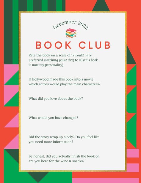 "Hosting a December book club meeting? This worksheet is all you'll need for a fun discussion! DIGITAL FILE ready to be downloaded and self-printed for your next book club! ... YOU WILL RECEIVE THIS PRODUCT AS A DIGITAL DOWNLOAD AFTER PLACING YOUR ORDER TO YOUR ETSY REGISTERED EMAIL.  You purchase the printable file and print as many times as you need at home, online or local print shops. BE SURE TO SELECT \"SCALE TO FIT\" IN YOUR PRINTER SETTINGS :)" Online Book Club Ideas, Book Club Journal Ideas, Christmas Book Club Party, Bookclub Ideas Activities, Bookclub Hosting Ideas, Book Club Hosting, Book Club Games, Book Club Printables, Book Club Aesthetic