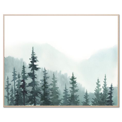 Forest Watercolor Painting, Kids Bathrooms, Pine Tree Painting, Panoramic Landscape, Painting Museum, Horizontal Painting, Forest Watercolor, Panoramic Art, Evergreen Forest