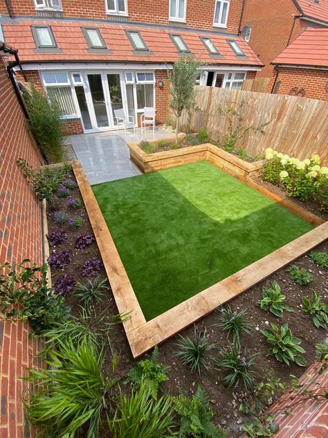 Raised Grass Area, Garden With Different Levels, Small Tiered Garden Ideas, Small Garden New Build, Newbuild Garden Ideas, Two Level Garden Ideas, Raised Flower Beds Along Fence, Small Back Garden Ideas, New Build Garden Ideas