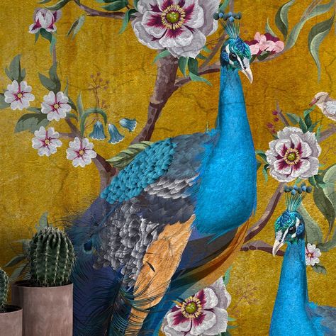 Chinoiserie Wallpaper Bedroom, Gold Chinoiserie Wallpaper, Peacock Room Decor, Bathroom Wallpaper Vintage, Chinoiserie Flowers, Wallpaper Peacock, Small Bathroom Wallpaper, Peel And Stick Mural, Peacock Wallpaper