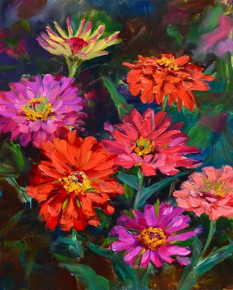 Zinnia Flowers Drawing, Zinnia Painting, Flowers Drawing Watercolor, Zinnia Flower, Painting Video, Flowers Drawing, Zinnia Flowers, Cold Ice, Abstract Floral Paintings