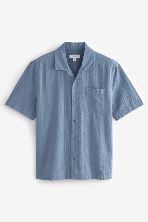 Upgrade your summer style with our men's short sleeve cuban collar shirt. Crafted from a lightweight seersucker cotton fabric, this stylish shirt is complete with short sleeves, a cuban collar and button fastening. 100% Cotton. Short Sleeve Mens Shirt, Short Sleeve Button Up Men Summer, Short Sleeve Button Shirt Outfit, Man Blue Outfit, Men Summer Shirt, Cuban Collar Shirt Men, Ellie Cosplay, Button Shirt Outfit, Boys Shirts Style