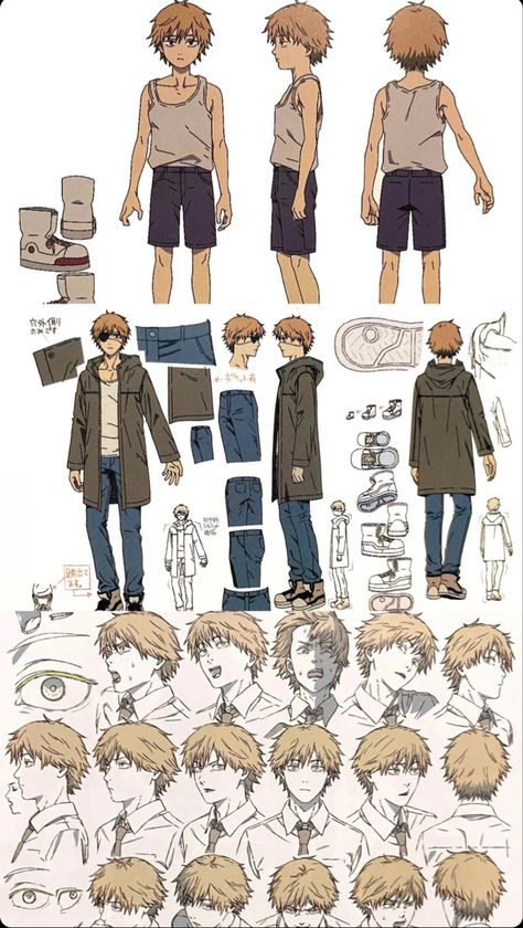 Denji Reference Sheet, Chainsawman Character Sheet, Csm Character Sheet, Characters Reference Sheet, Anime Character Sheet Design Reference, Character Design Sheet Anime, Character Poses Sheet, Denji Character Sheet, Character Reference Sheet Ideas