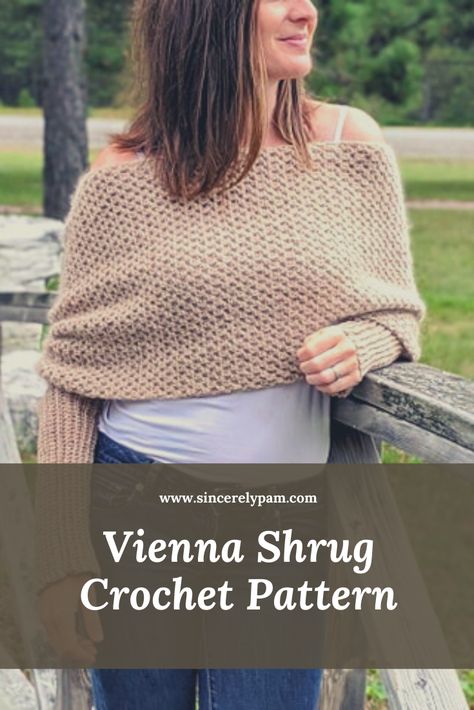 The Vienna Convertible Shrug fits every style and every body! It is incredibly versitile and customizable! Use this crochet pattern to make gifts for family and friends, or keep it all to yourself. This design can be worn in dozens of different ways. Use it show in the photo, worn as a scarf, wrapped around the torso, or over just one shoulder. Fashion should be fun! You can get this crochet pattern as part of the Crochet Foundry Fall 2020 digital issue. Crochet Sleeved Wrap, Long Sleeved Shrug Crochet Pattern, Blanket Shrug Crochet, Sleeved Shawl Crochet Pattern, Sweater Shrug Crochet, Crochet Convertible Scarf Sweater, Crochet Sweater Wrap Pattern Free, Shoulder Warmer Crochet, Crochet Shrug Wrap Pattern Free