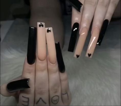 black and nude acryclic XL nails with black single hearts at the tip on nude nails. Plain Acrylic Nails, Long Black Nails, Xl Nails, Nails With Black, Long Square Nails, Black Acrylic Nails, Acrylic Nail Set, Punk Nails, Long Acrylic Nail Designs