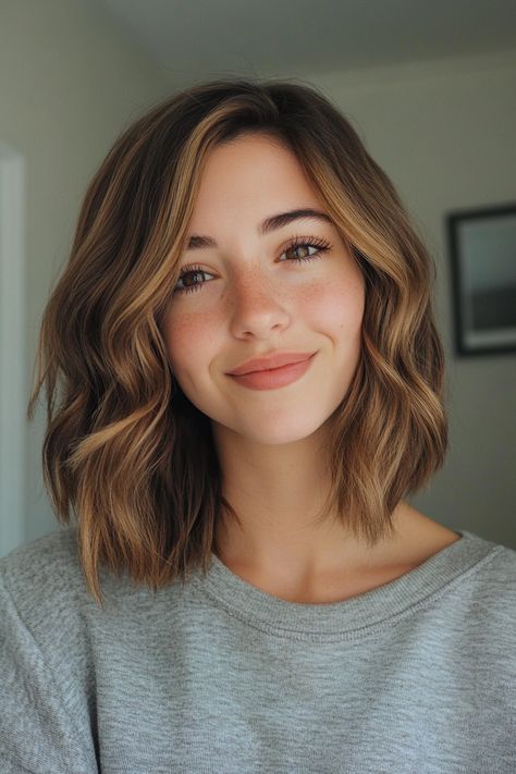 7. Angled Lob with Chestnut Brown Highlights (Long Bob Hairstyles) - Long Bob Hairstyles Face Framing Pieces Short Hair, Bob Face Framing, Highlights Long Bob, Long Bob Hairstyles With Bangs, Alexa Chung Haircut, Chestnut Brown Highlights, Collarbone Bob, Face Frame Highlights, Face Framing Highlights