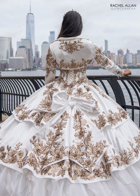 Charro Quinceanera Dresses White And Gold, Quinceñera Dresses Charro, Gold Quinceanera Dresses Charro, White And Gold Quinceanera Dresses, Quinceanera Dresses Charro, Quncie Dresses Charro, Charro Quince Dresses Quincedresses.com, Organza Applique, Satin Ballgown