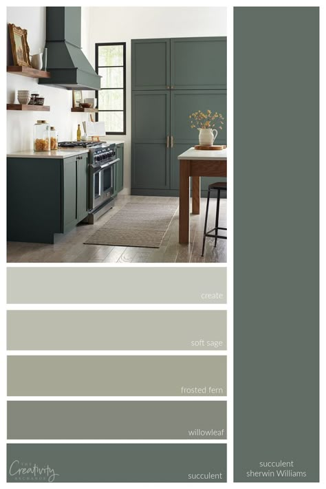 Sherwin Williams Succulent Interior Room Paint Colors, Sherwin Williams Green Paint Colors Wall, Green Painted Walls Sherwin Williams, Dark Olive Vs Vintage Vogue Benjamin Moore, Farmhouse Dining Room Paint Colors Sherwin Williams, Nature Inspired Wall Colors, Sw Mantra Paint, Walk In Pantry Color Ideas, Succulent Green Paint