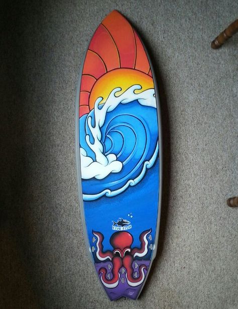 "Sunrise Sesh" by Curtis Wowk (( Surf Art using Posca Paint Pens )) www.curtiswowk.com Posca Surfboard, Surfboard Art Design, Surfboards Artwork, Best Surfboards, Painted Paddles, Tiki Tattoo, Surfboard Painting, Surf Art Print, Tenacious D