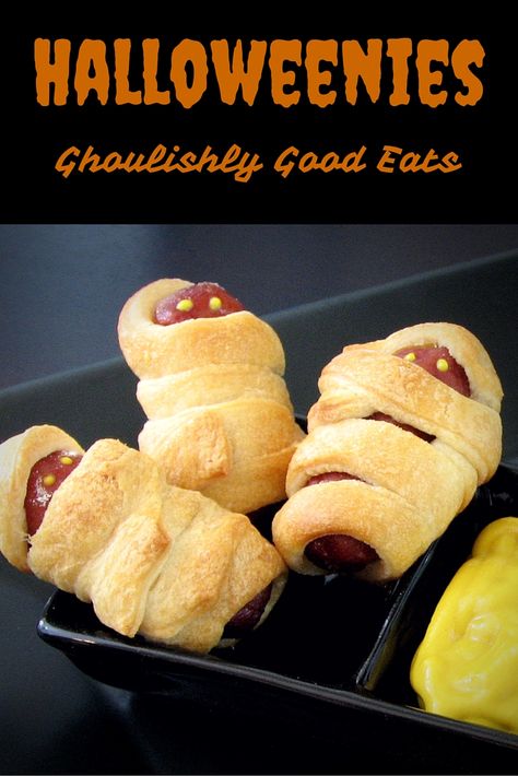 Halloweenies are perfect little bites that are all dressed up for your next Halloween get-together. A perfect snack before trick or treating, too Mummy Little Smokies, Hollween Foods, Goosebumps Party, Wrapped Smokies, Halloween Bunco, Halloween Dip, Halloween Snack Mix, Gluten Free Puff Pastry, Halloween Food Appetizers