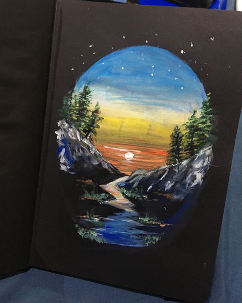 Gouache On Black Paper, Mountain Landscape Drawing, Himi Gouache, Black Paper Drawing, Gouache Art, Painting Art Lesson, Painting Inspo, Landscape Drawings, Paper Drawing