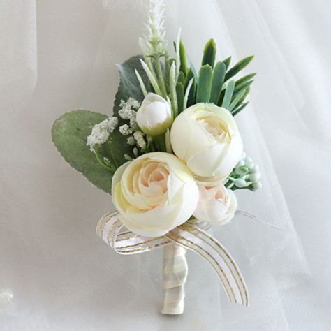 Handmade Beautiful artificial flower Width: 3.5in (9cm) Length: 5.5in (14cm) Color: White, Green Occasions: wedding, homecomings, proms, and similar formal events Wrist Flowers, Boutonniere Wedding, Wrist Corsage, Flower Tea, Artificial Roses, Handmade Flower, Flower Bud, Flower Wedding, Groom And Groomsmen