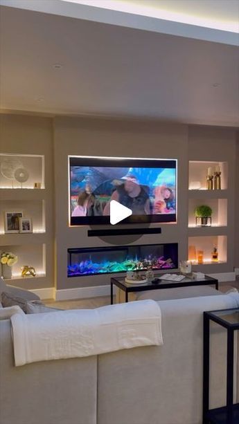 Open Fire Media Wall, Built In Tv Wall Unit With Fireplace Diy, Panelled Walls With Tv, Wall Units With Fireplace And Tv, Led Media Wall, Media Wall Lighting, Mdf Media Wall, 2024 Tv Wall Design, Wall Unit With Fireplace And Tv