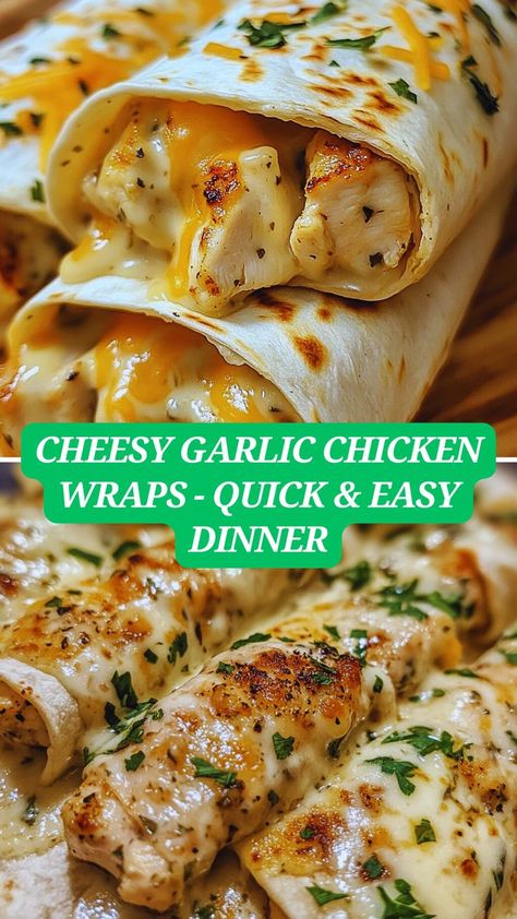 "On this pin, you’ll find everything you need to make Cheesy Garlic Chicken Wraps in no time! Swipe through for a mouthwatering shot of golden, crispy wraps bursting with melted cheese and juicy chicken. Each image highlights step-by-step visuals—from seasoning and cooking the chicken to assembling and toasting the wrap to perfection. The pin includes a full ingredient list, easy-to-follow directions, Quick Easy Family Dinners, Cheesy Garlic Chicken, Cheesy Chicken Recipe, Chicken Boneless Breast Recipes, Chicken Wrap Recipes, Bbq Dinner, Garlic Recipes, Quick Easy Dinner, Weeknight Dinner Recipe