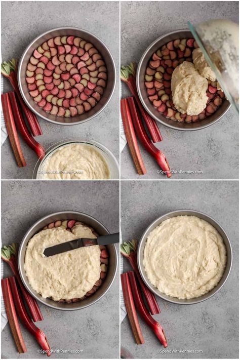 This rhubarb upside-down cake is an easy and impressive cake. A rhubarb cake recipe is a great way to use up that summer harvest of rhubarb. With a simple homemade cake mix, some rhubarb and sugar, and a little flip of the pan, dessert is made! #rhubarbupsidedowncake #rhubarbupsidedowncakerecipe #easyrhubarbupsidedowncake #spendwithpennies Apple And Rhubarb Cake, Rhubarb Upside Down Cake Taste Of Home, Upside Down Rhubarb Cake Recipe, Fresh Rhubarb Recipes, Rhubarb Pound Cake, Upside Down Rhubarb Cake, Strawberry Rhubarb Upside Down Cake, Simple Homemade Cake, 2023 Cakes