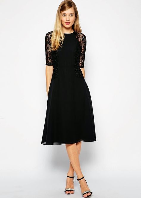 Vestido negro bajo la rodilla con mangas de encaje. Black Dress With Lace, Below The Knee Dresses, Dressy Dress, Simple Black Dress, Beauty Dress, Black Midi, Black Lace Dress, Black Cocktail Dress, Dress With Lace