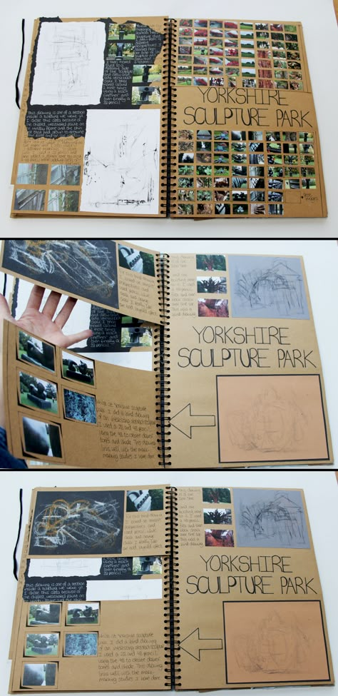 AL Graphic Communication A3 Brown Sketchbook Yorkshire Sculpture Park Trip CSWK Thomas Rotherham College 2016 Sunga Park Artist Research Page, Gcse Art Trip Page, Graphic Communication Sketchbook, Sculpture Sketchbook, Brown Sketchbook, College Art Projects, Artbook Ideas, Artist Research Page, Textiles Gcse