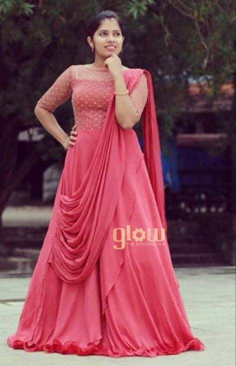 Saree Model Gown, Indian Long Dress Gowns Party Wear, Saree Gown Party Wear, Dhavani Designs, Draping Gown, Party Wear Evening Gowns, Kerala Engagement Dress, Gown Dress Party Wear, Party Wear Frocks